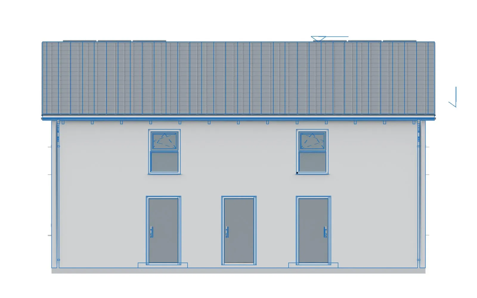 Gerenderte Nordansicht mit den blauen Linien des Originalplans als Überlagerung