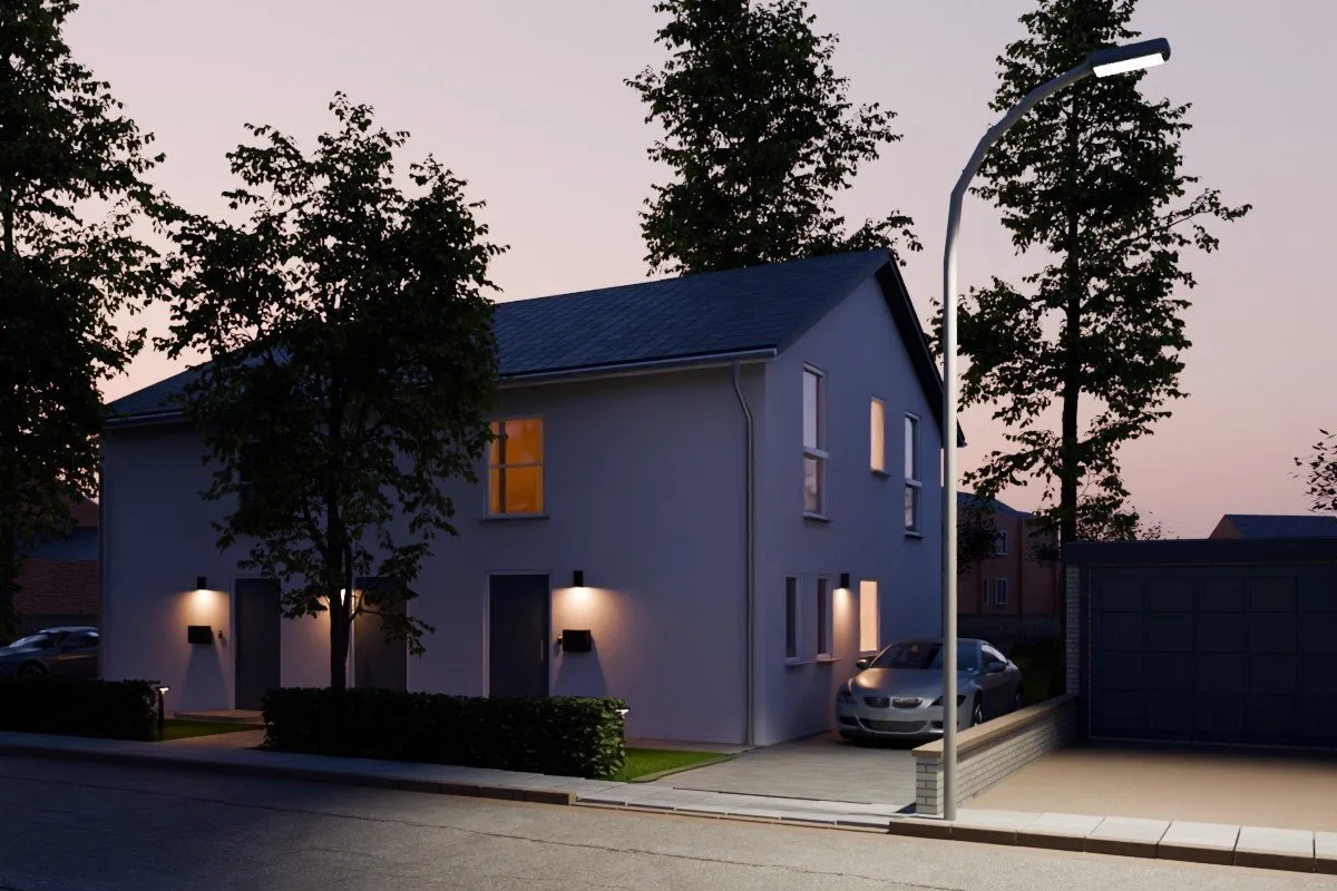 Späterer Stand mit Licht auf der Straße